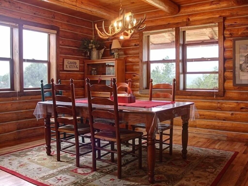 Kitchen dining room with wooden table and chairs and a colorful rug