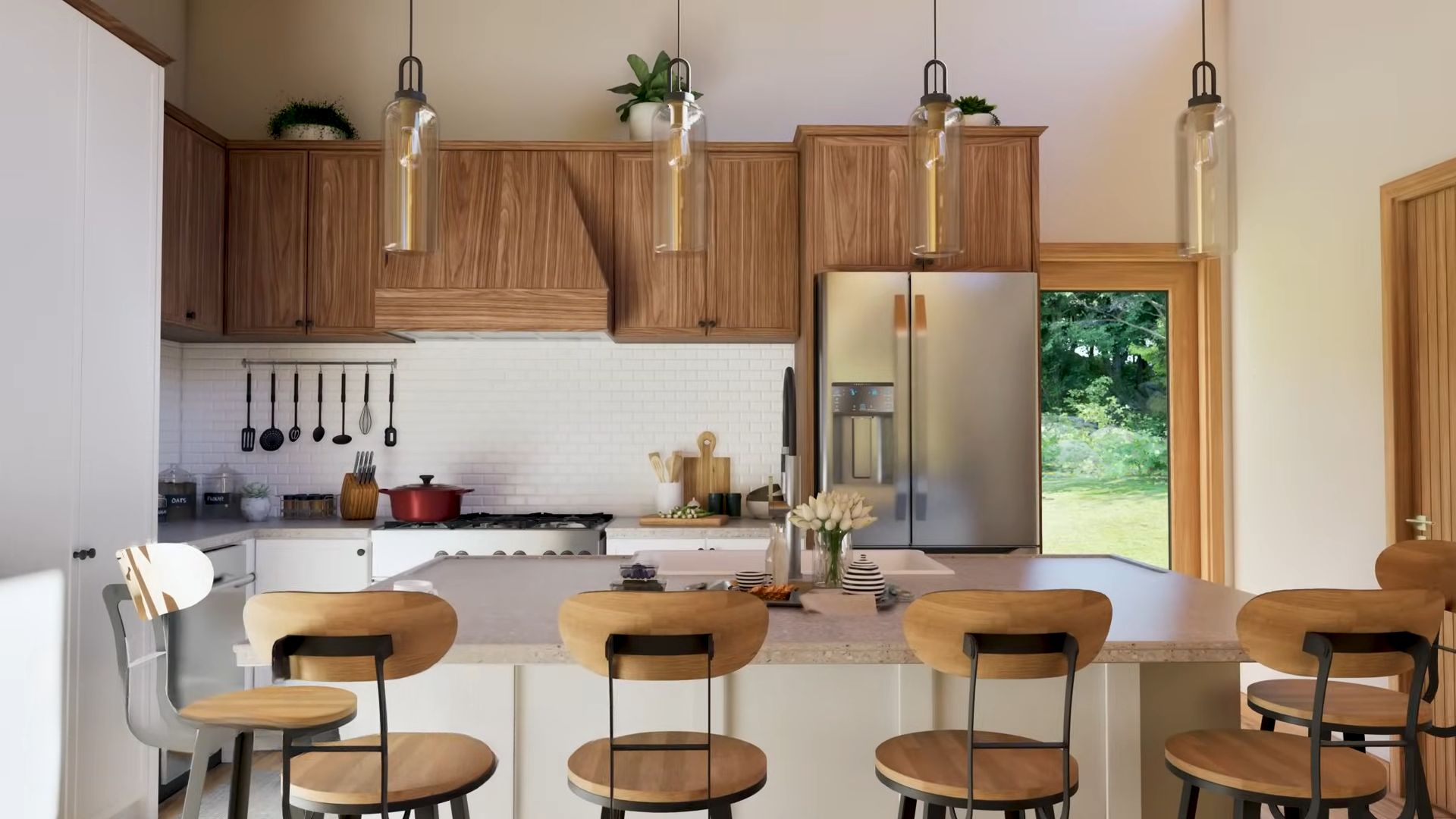 Kitchen with a full-sized fridge and wooden cabinets