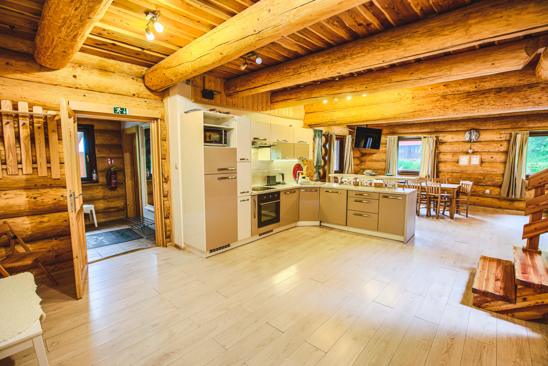 Large kitchen in a cabin with modern appliances