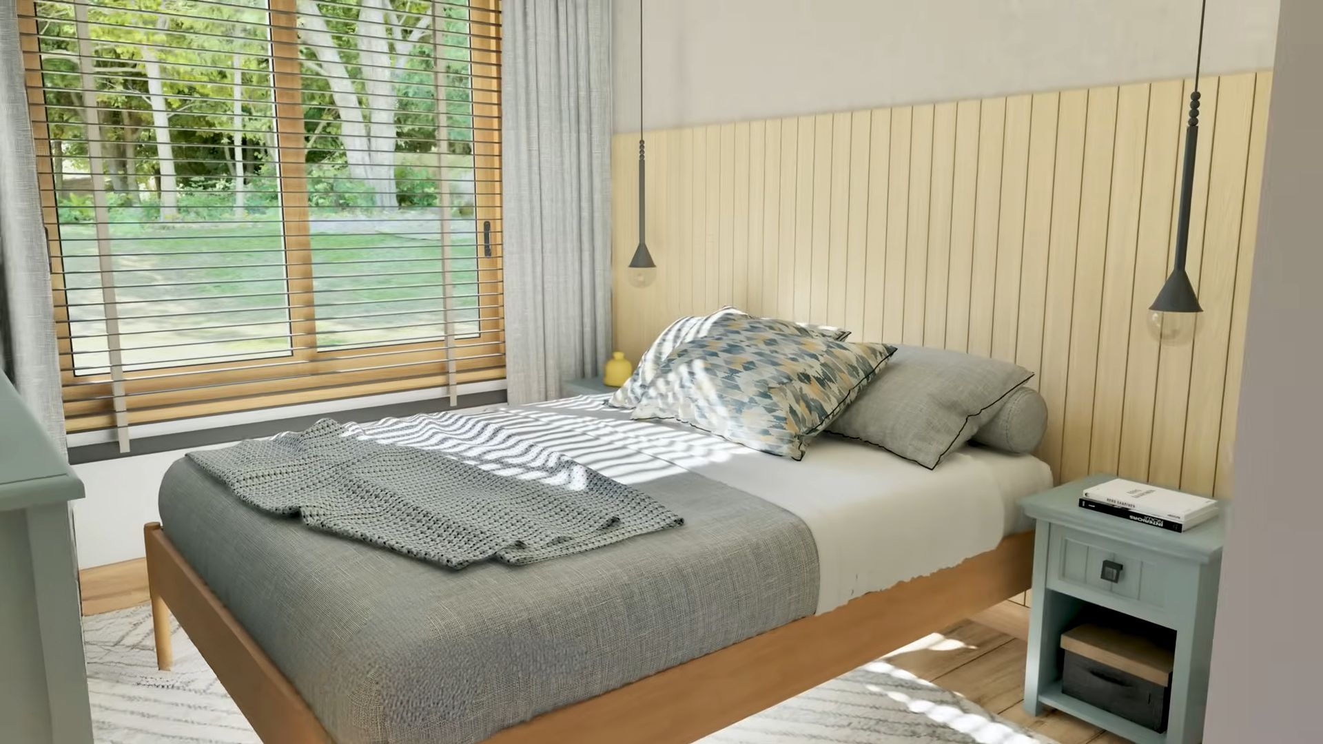 Master bedroom with a wooden backsplash and a huge window