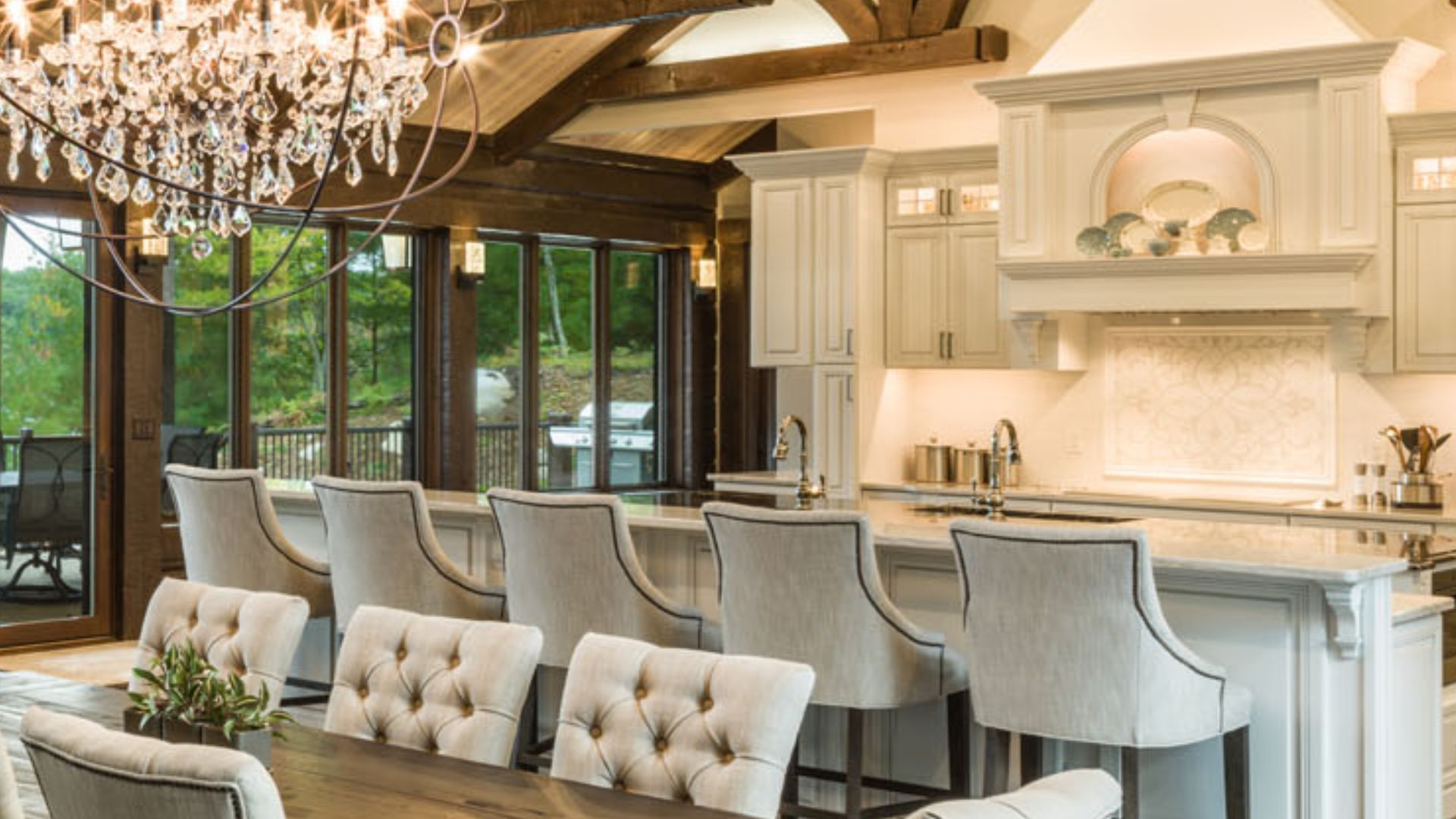 luxurious kitchen and dining room in the cabin