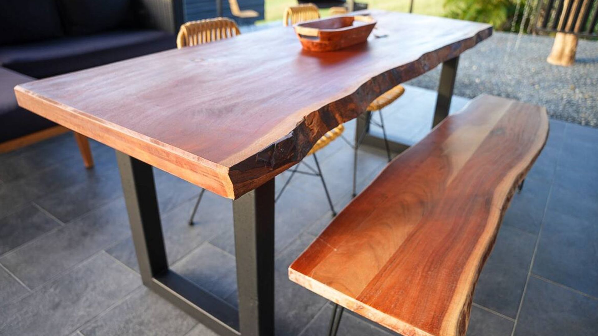 beautiful wooden table and benches for dining area