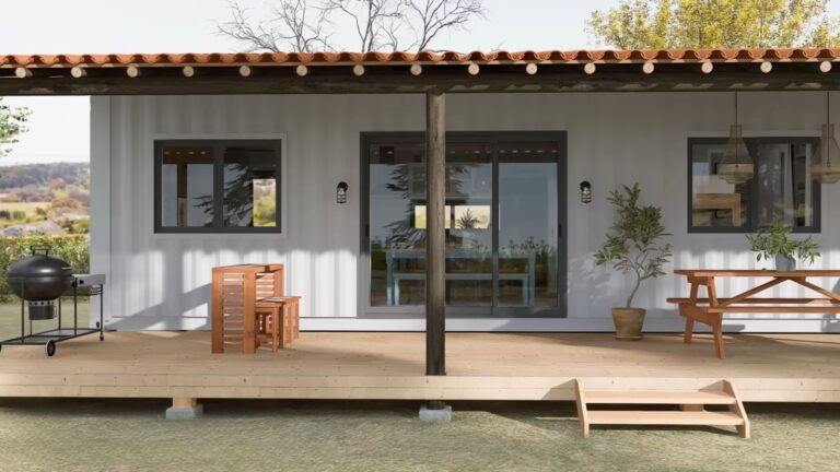 exterior of a container house with a porch