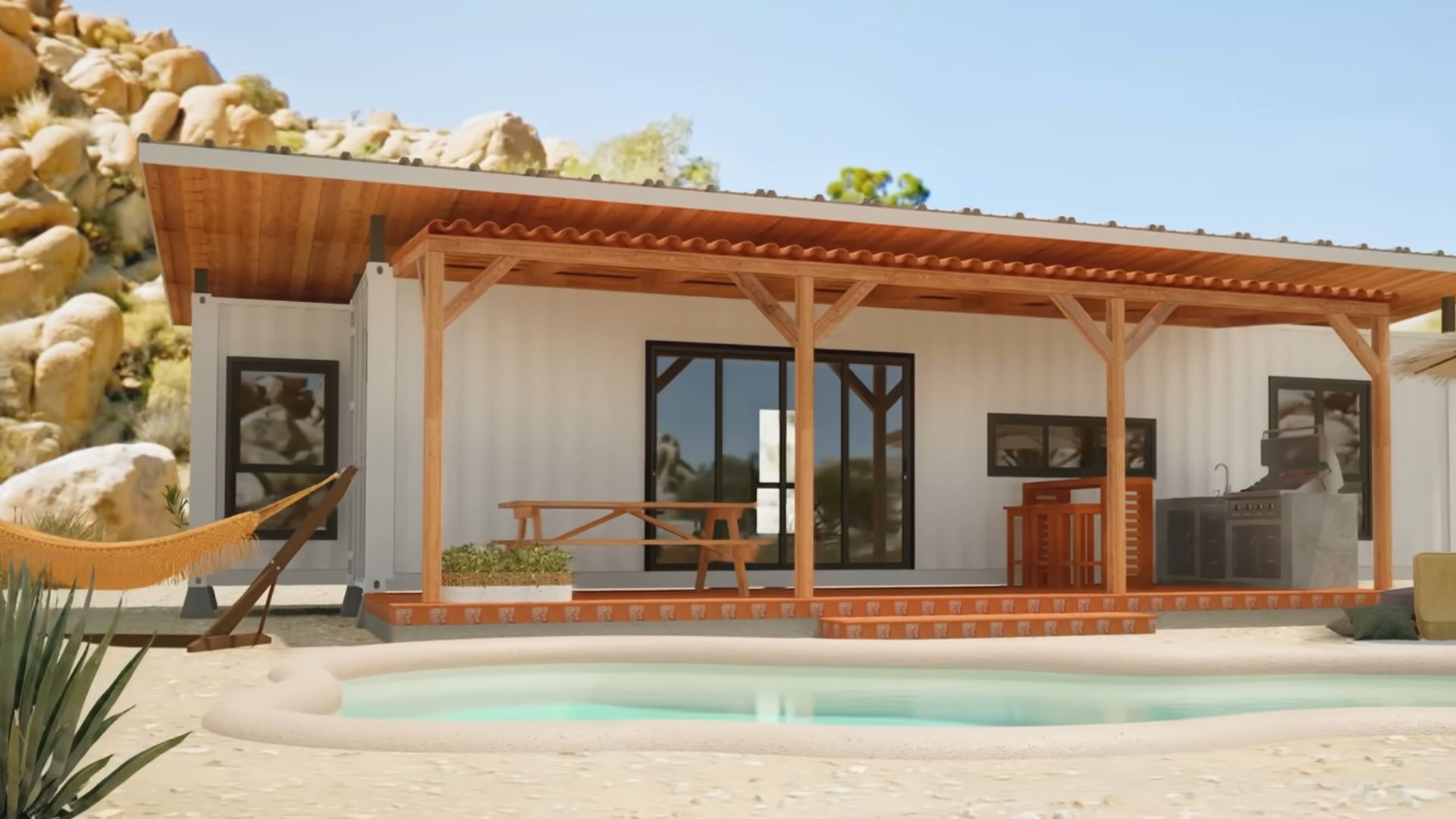 exterior of a fun container house with a pool