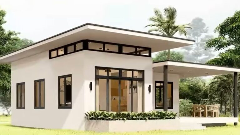 exterior of the modern farmhouse with two parts of the house, white facade, black windows and doors, flat roof, and a porch on the right