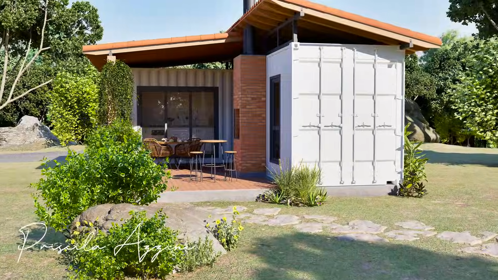 exterior of the container house with a nice patio, seating zones and a grill made of red bricks