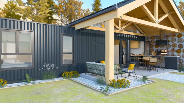 exterior of a container house with corrugated anthracite grey walls, naked wood beams for roof over the patio, and two cozy sitting areas on the patio