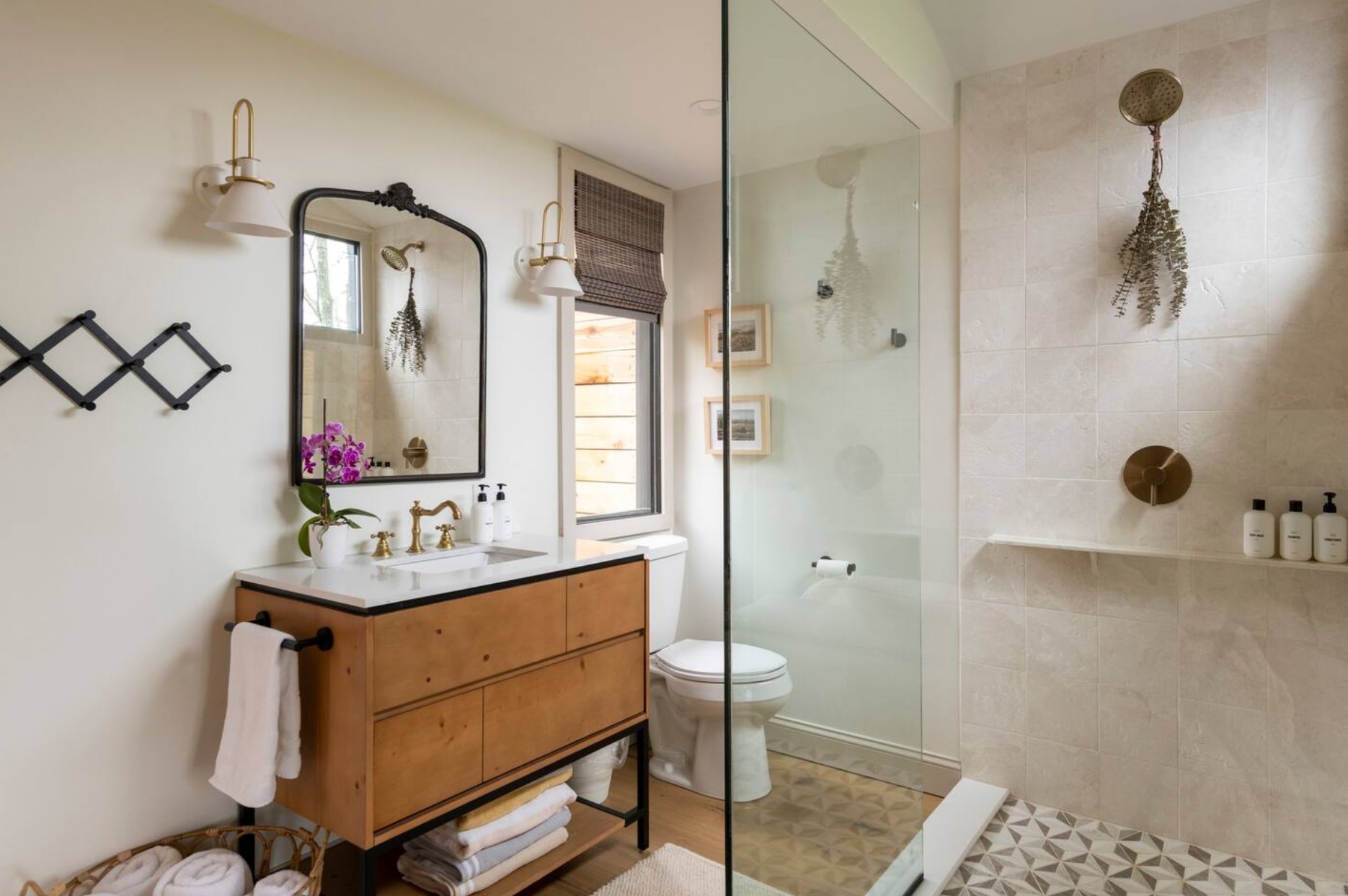 Sleek rustic bathroom with a walk-in shower