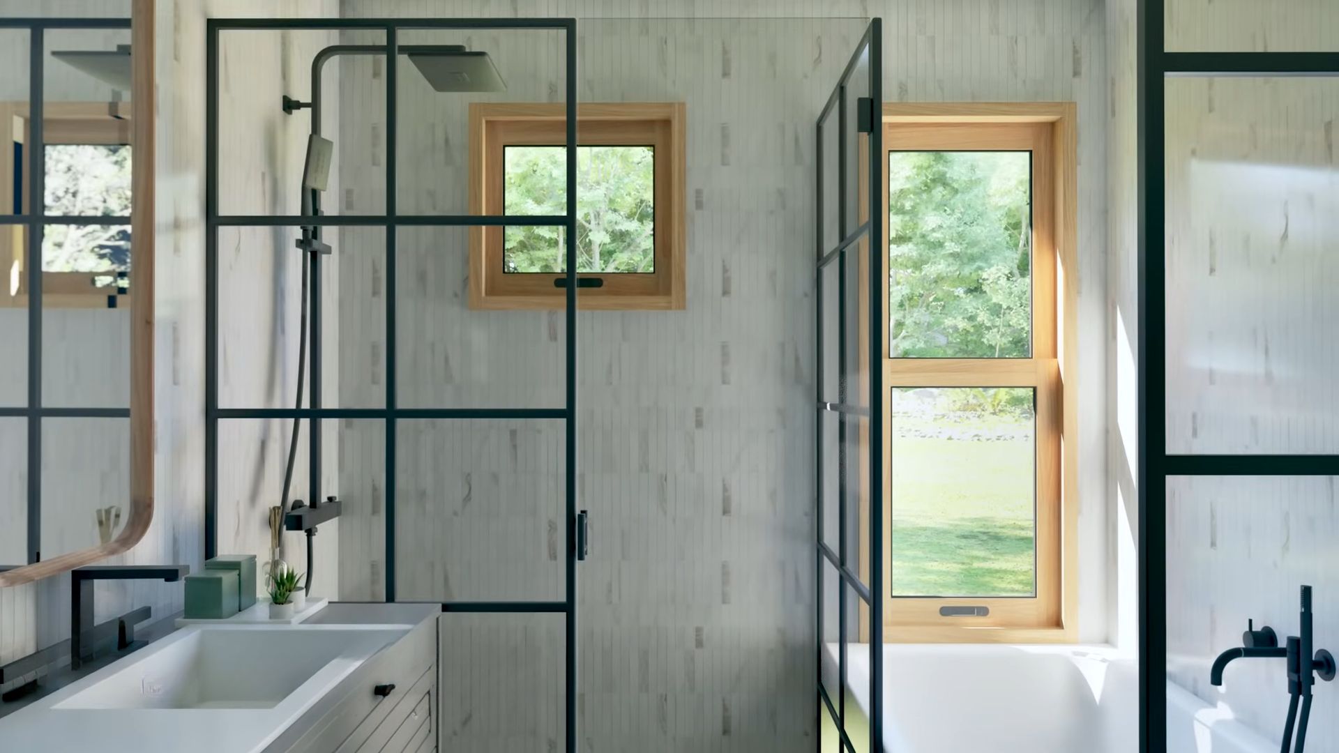 Sleek bathroom with a shower and a bathtub