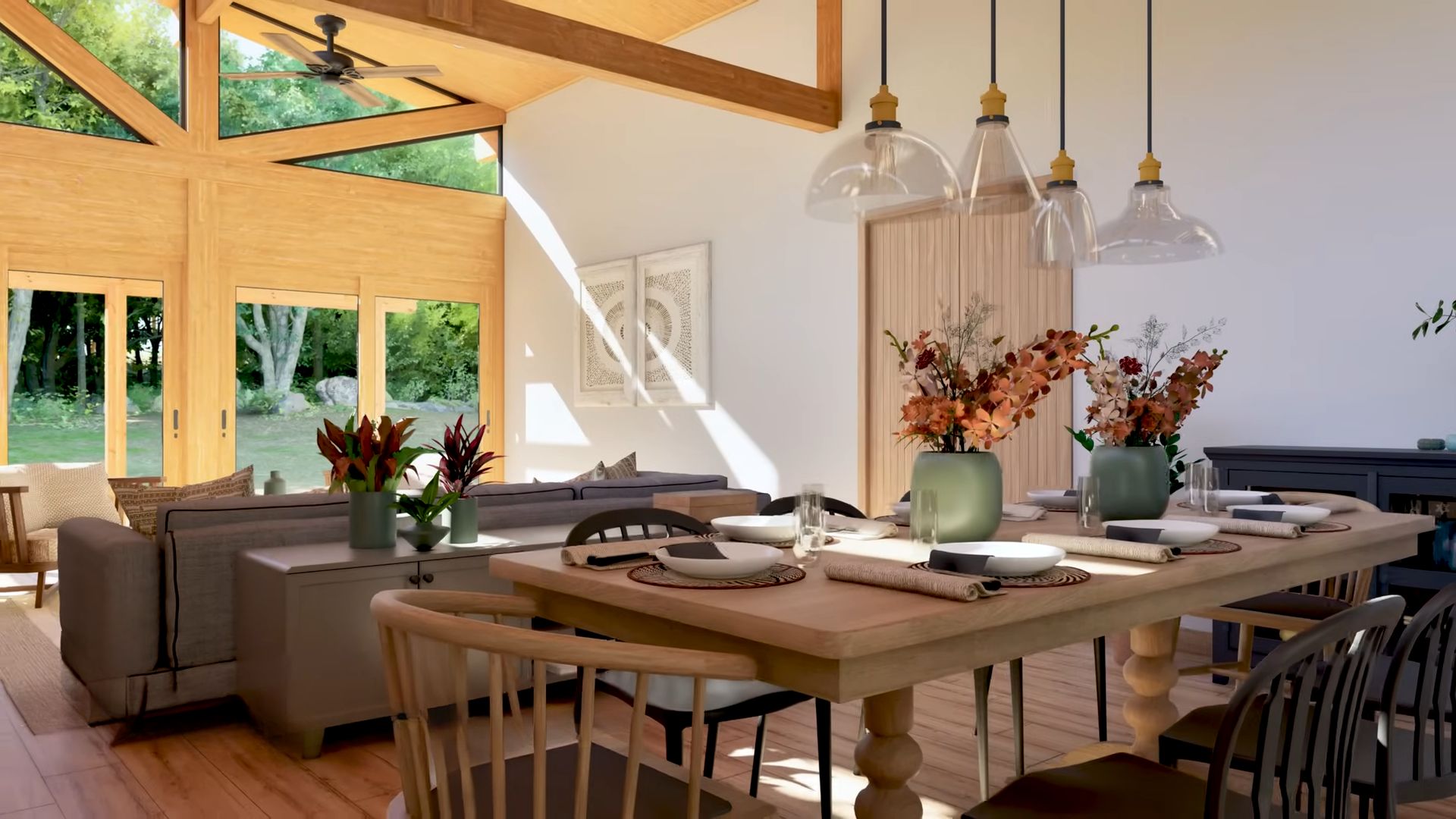 Sleek dining doom with luxurious light fixtures above the table