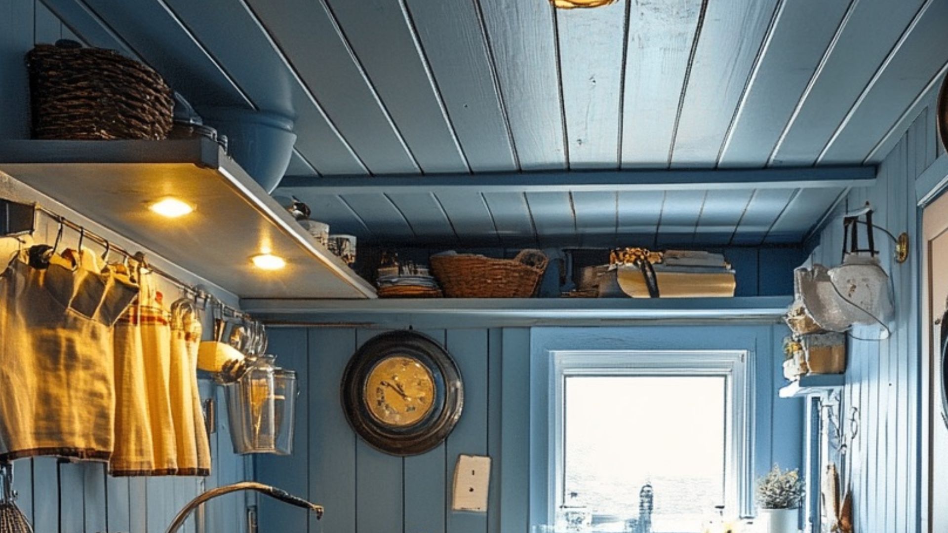 kitchen utensils in tiny blue home