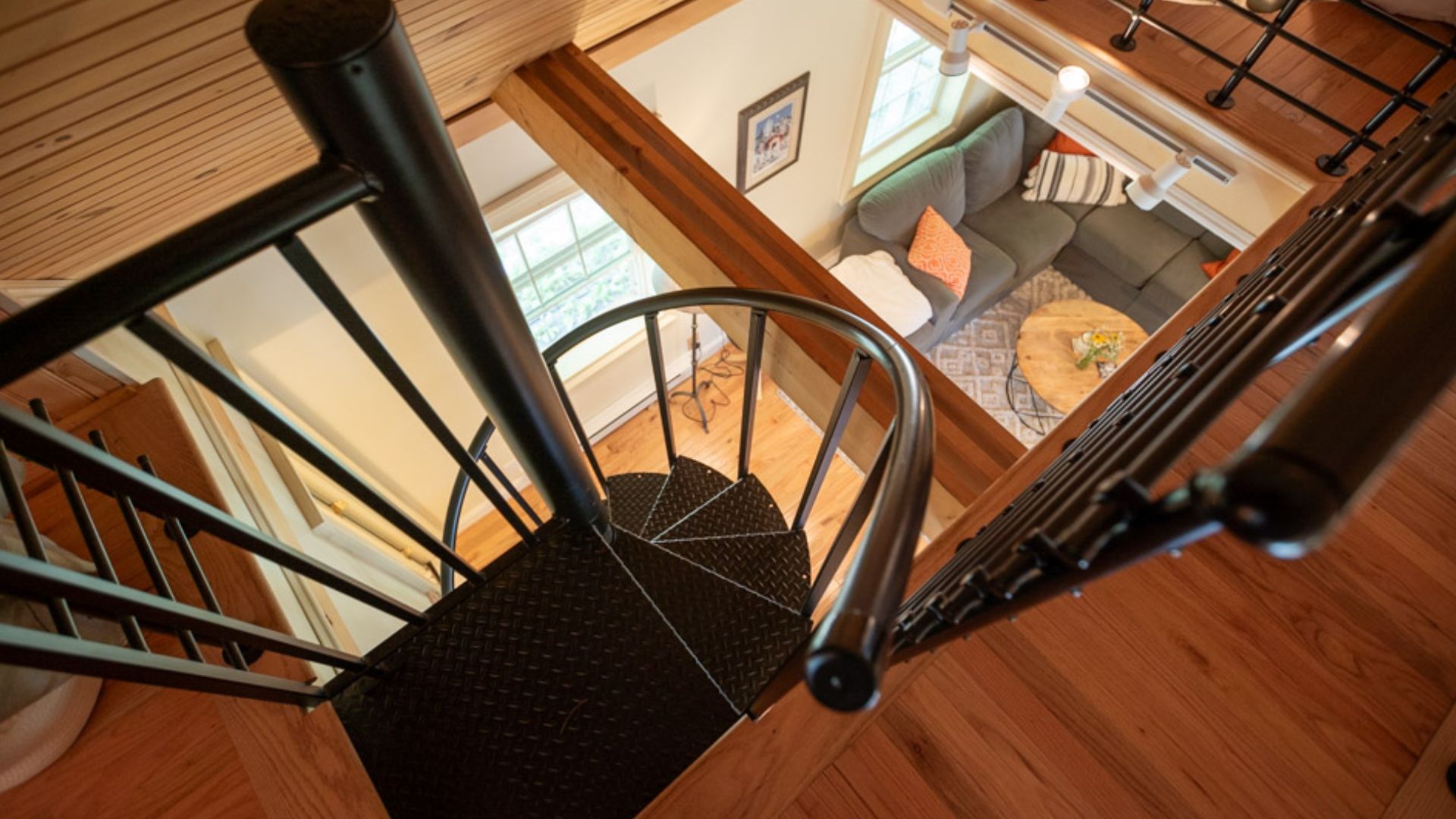 black metal spiral stairsin the tiny house