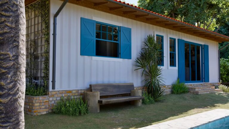blue and white exterior of a container house