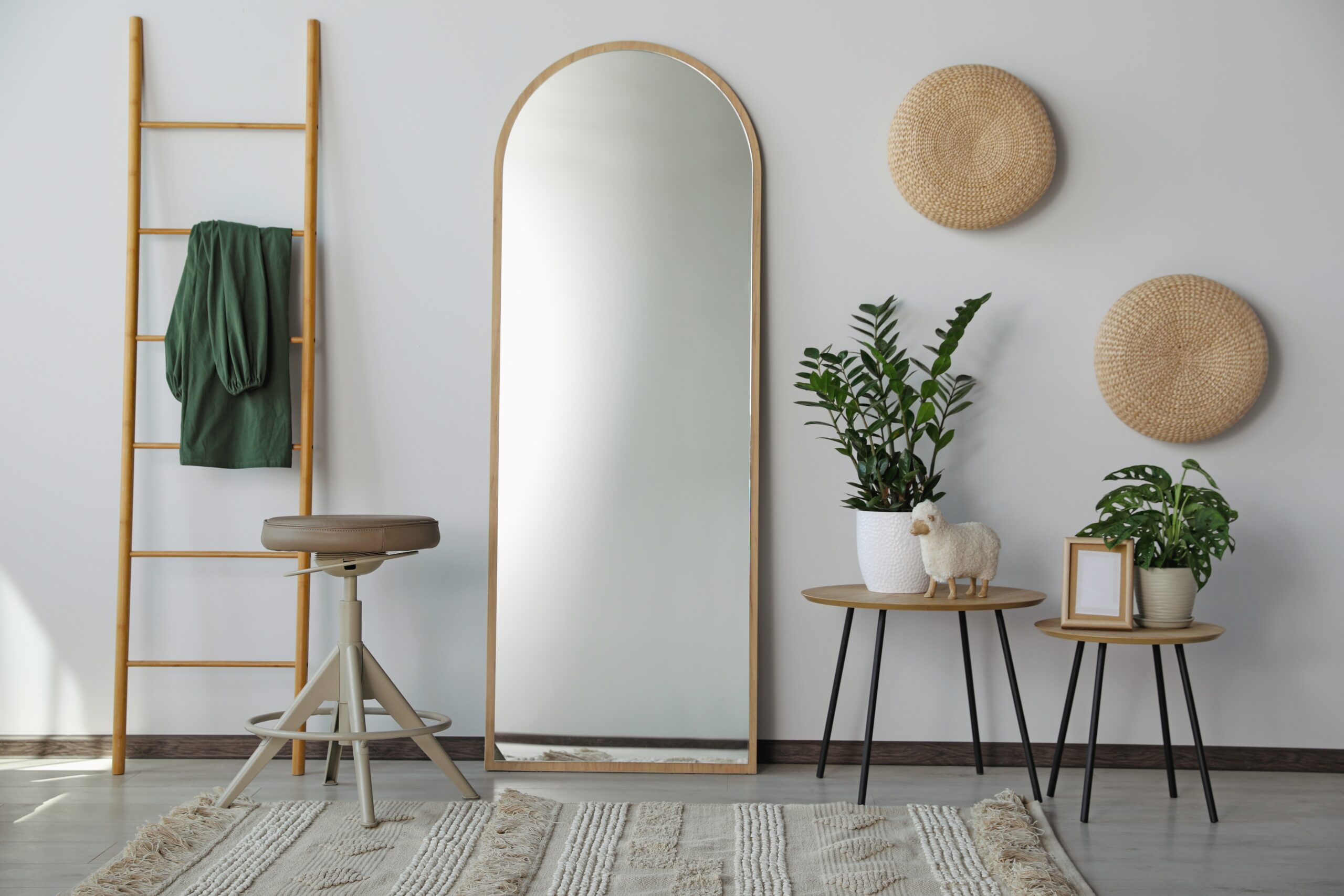 Statement mirror with a wooden frame