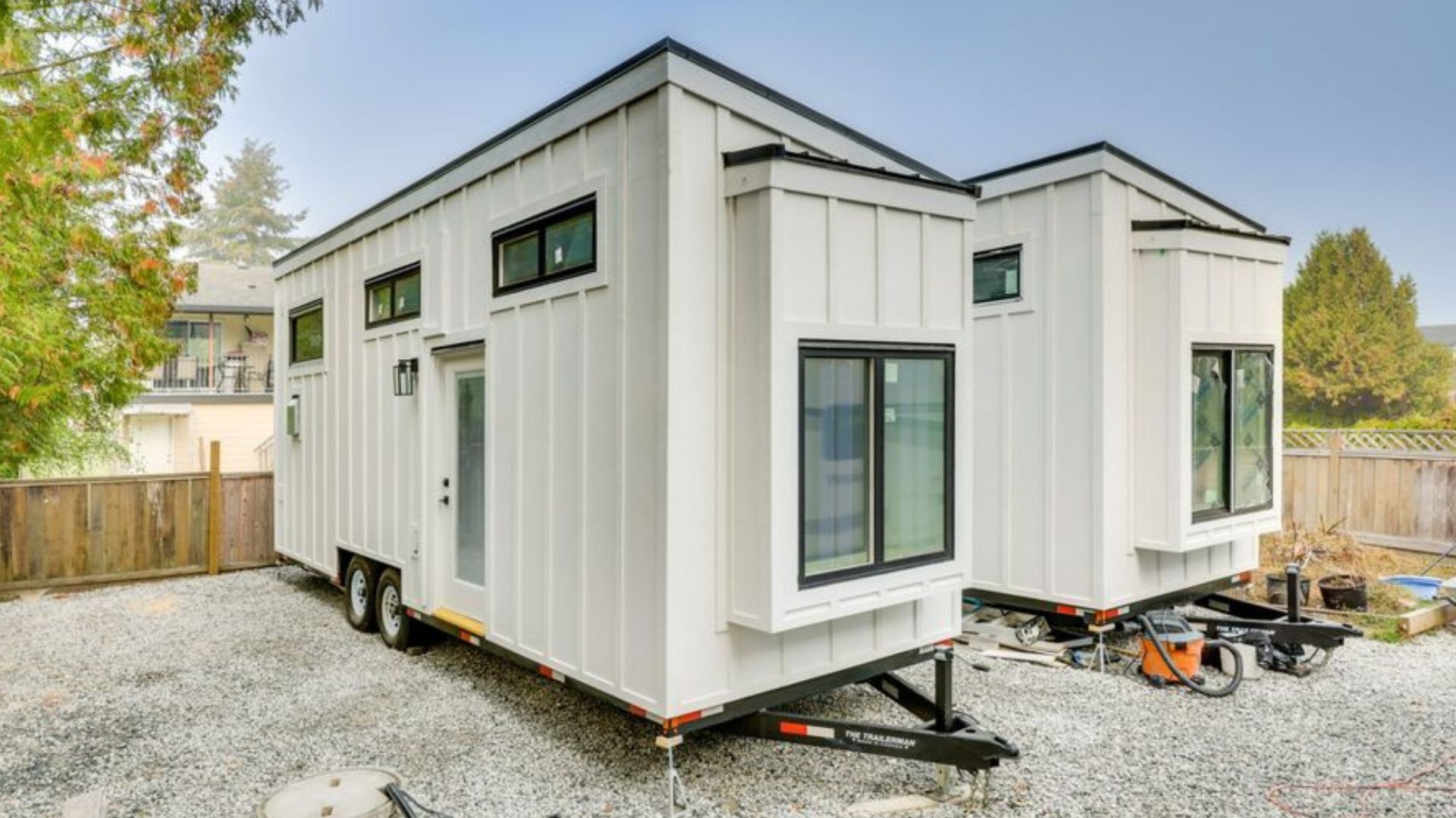 exterior of a white tiny home