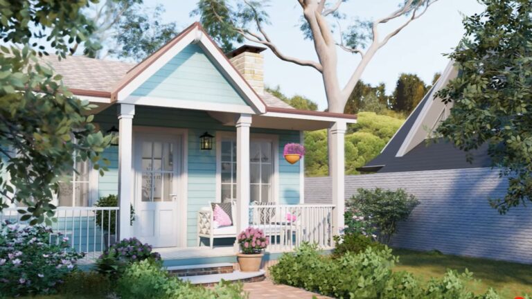 pastel blue exterior of a tiny home with pink and purple flowers around it