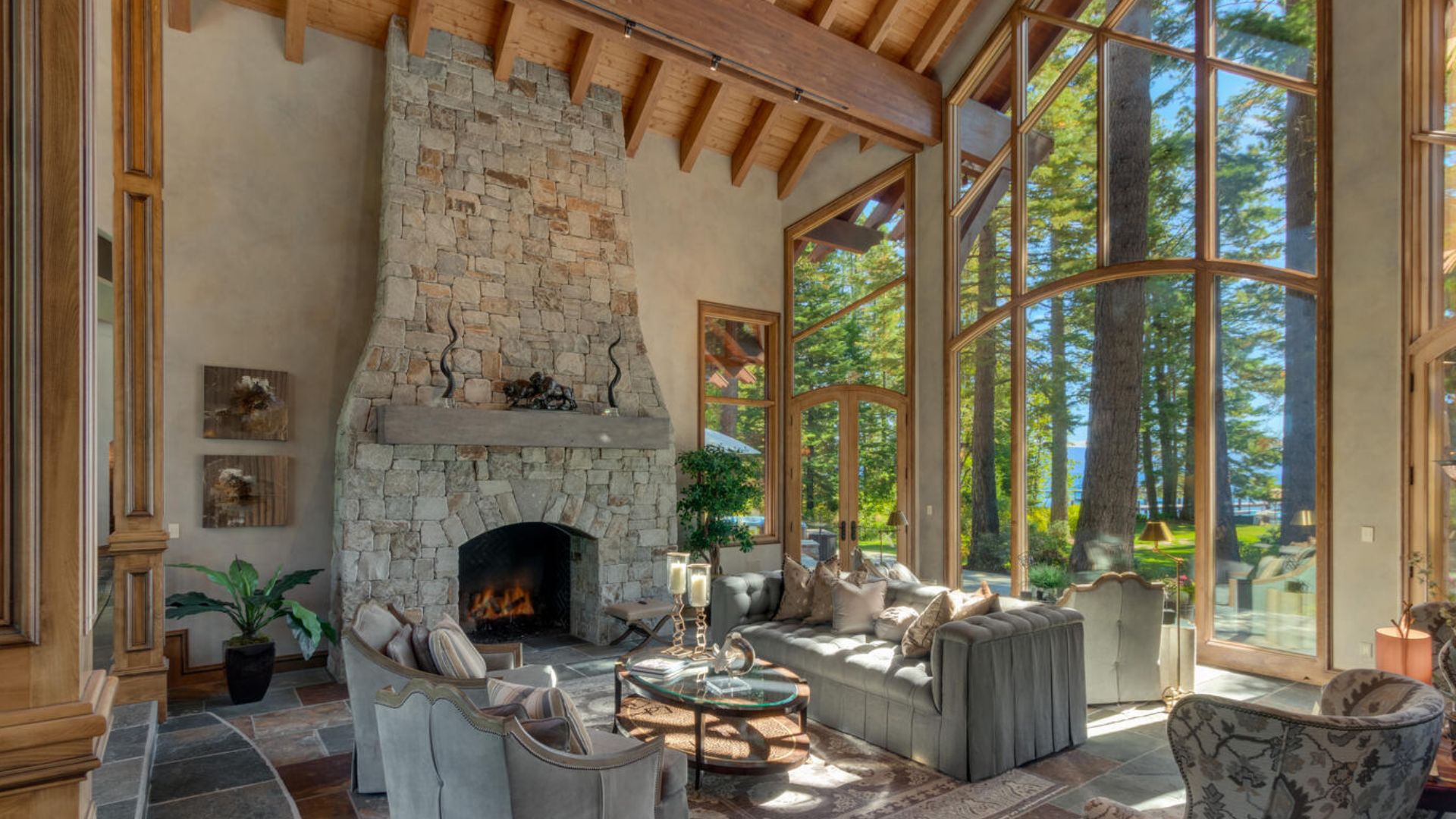 luxurious living room next to a fireplace