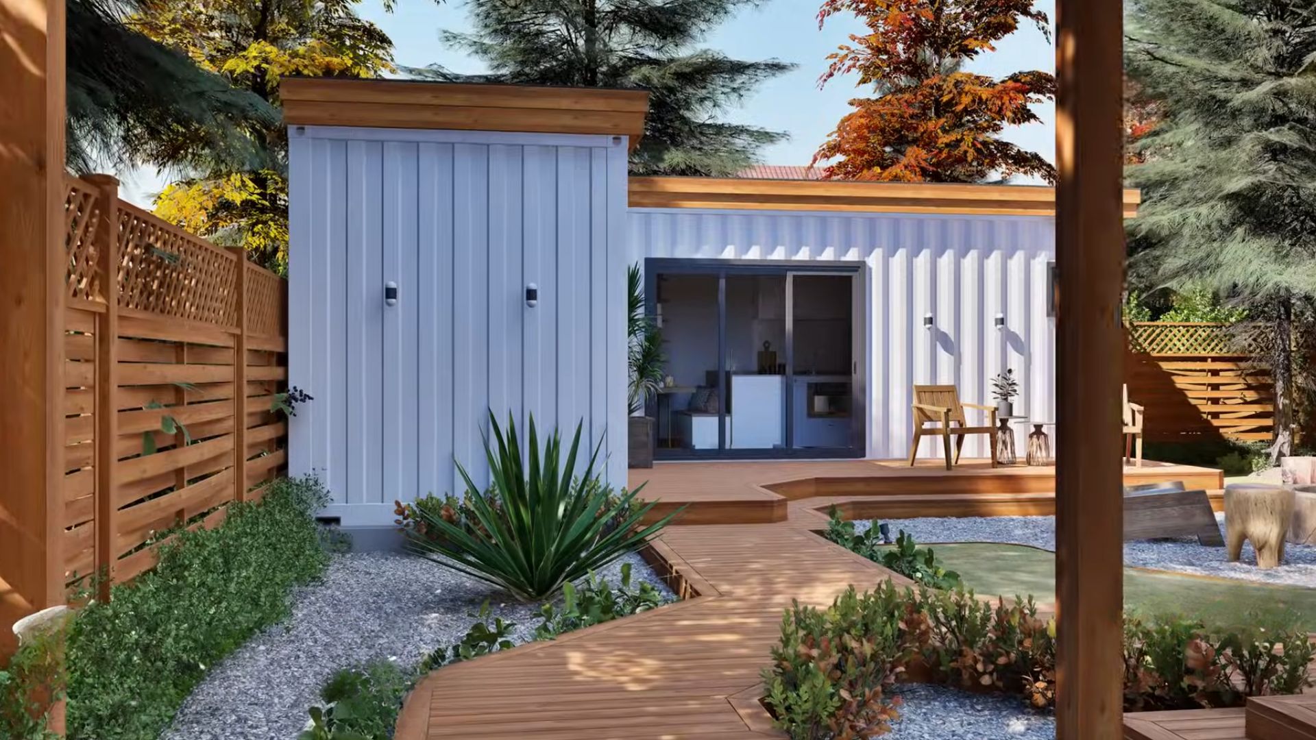 exterior of a container home with wooden chairs outside