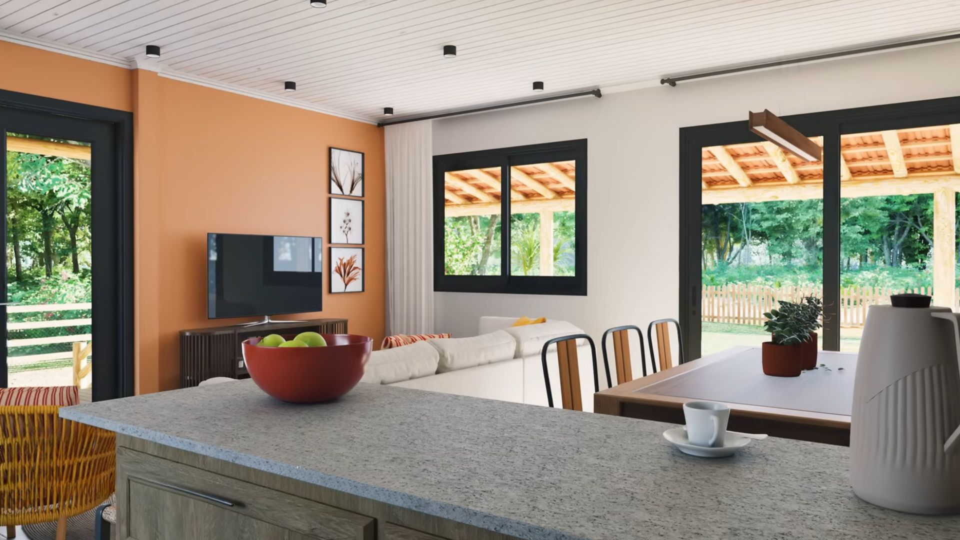 kitchen island and living room in the back