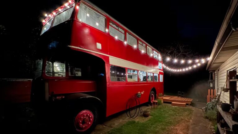 exterior of a double decker bus as a tiny home