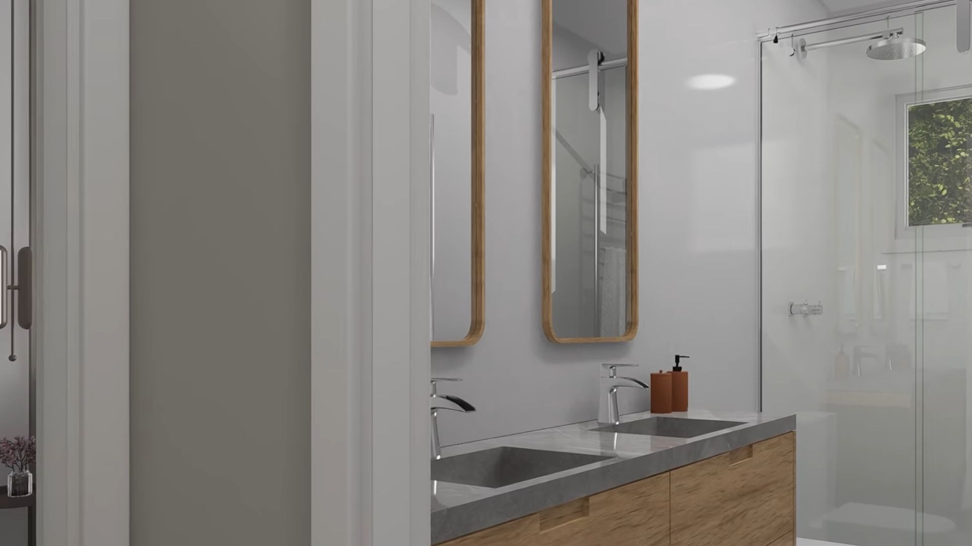 minimalist bathroom with double vanity