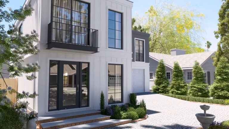 exterior of the modern container home on two levels with lots of black windows, a garage on the right with white door, white and grey facade