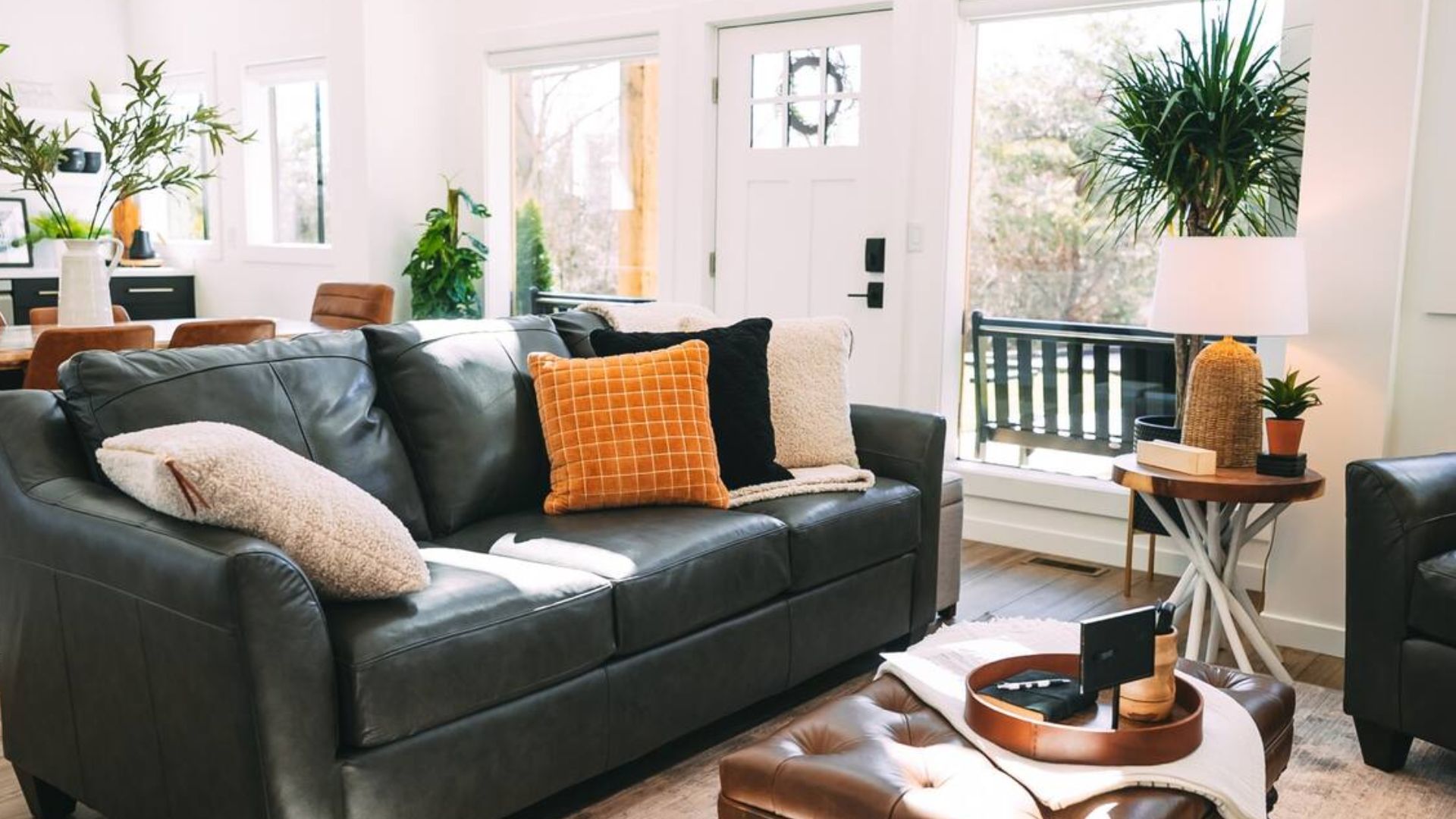 black leather furniture in the living room