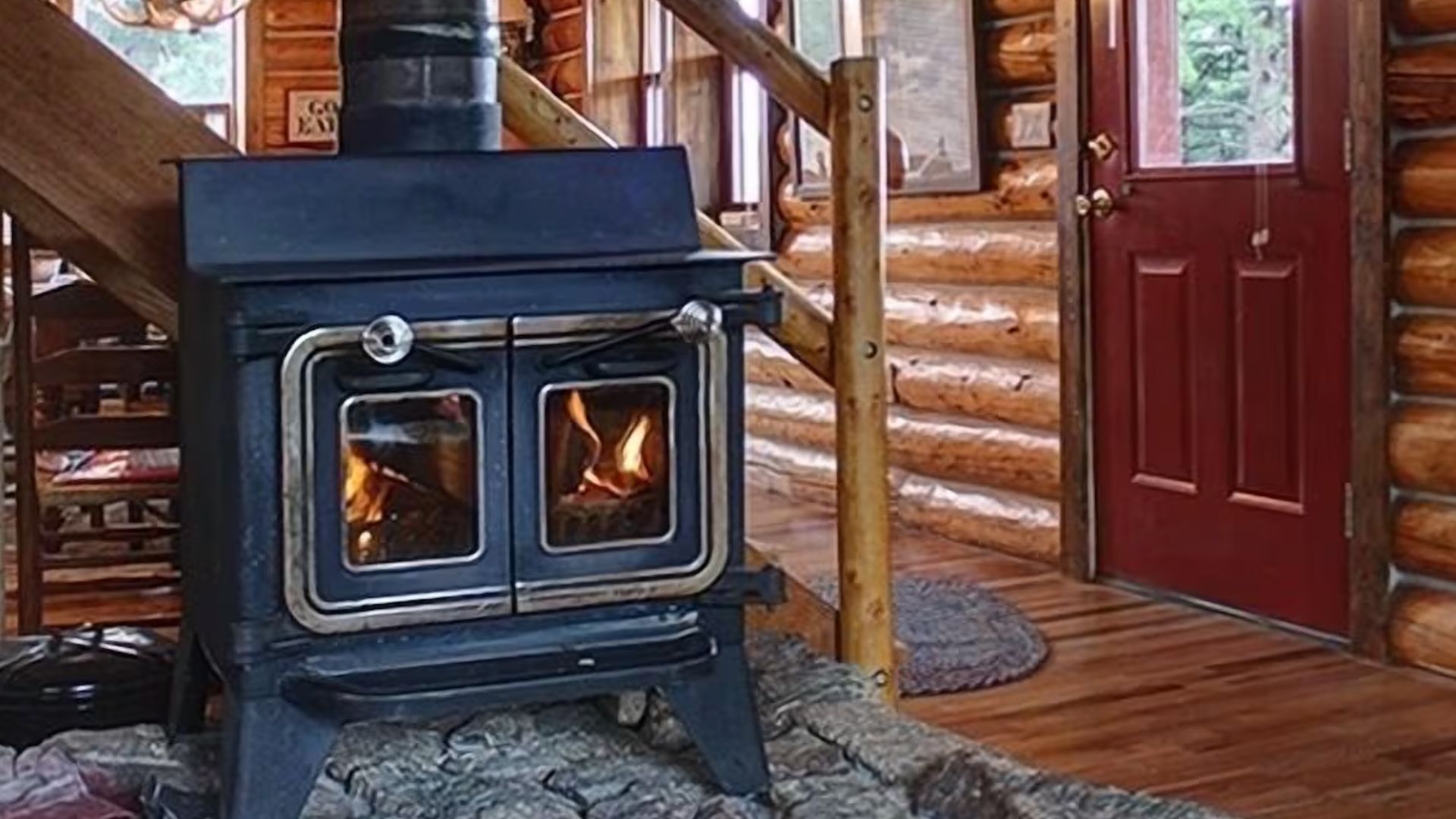 black fireplace with double doors