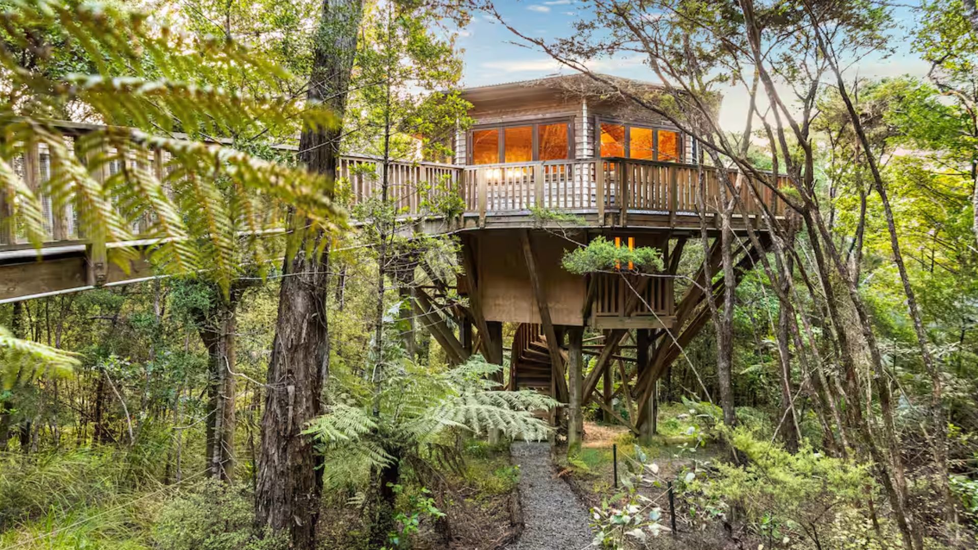 exterior of a cool treehouse in the forest