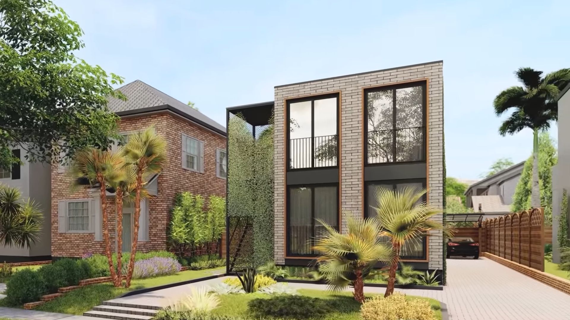 exterior of a container home with floor to ceiling windows