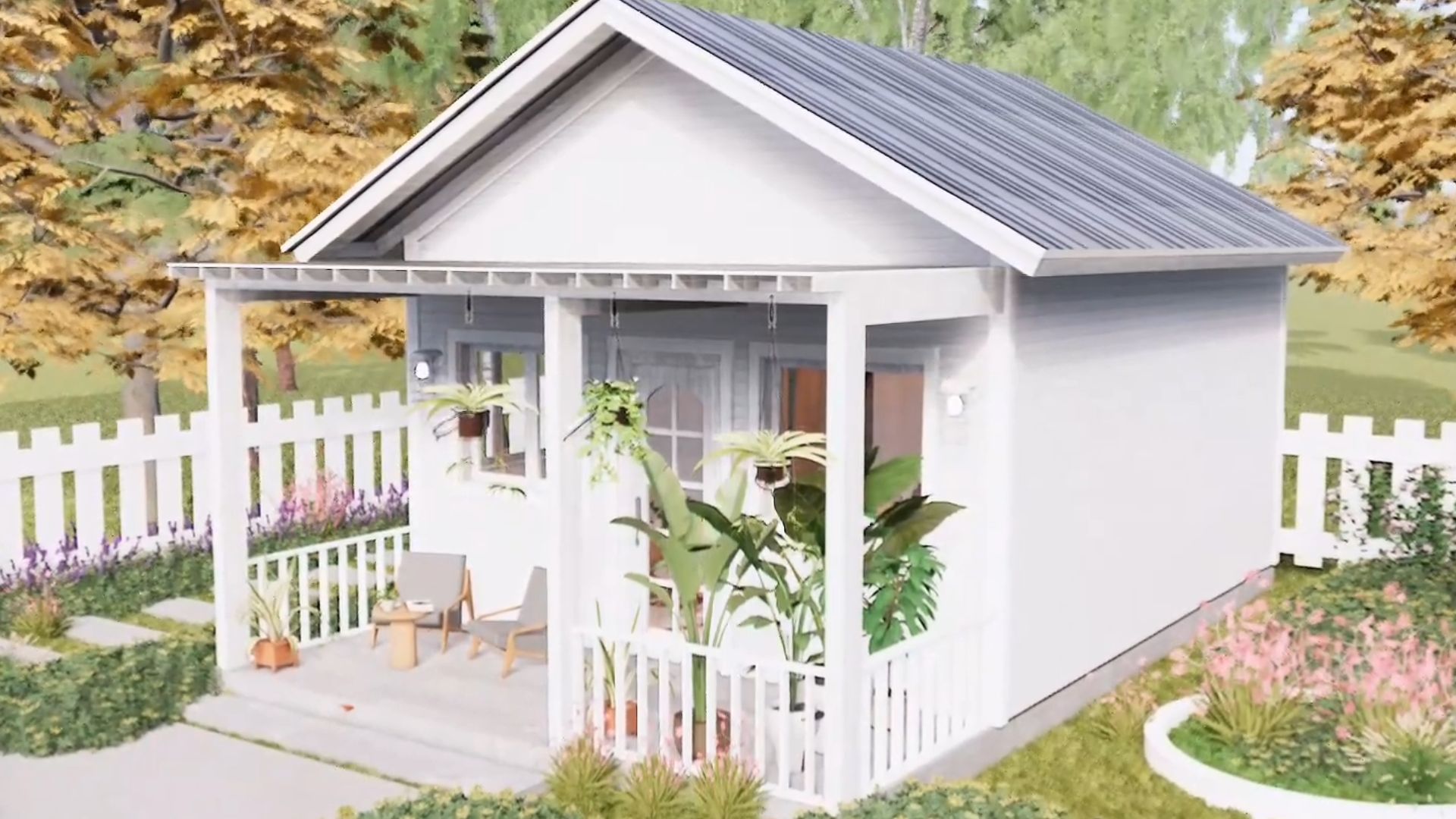 exterior of pretty tiny house with a porch