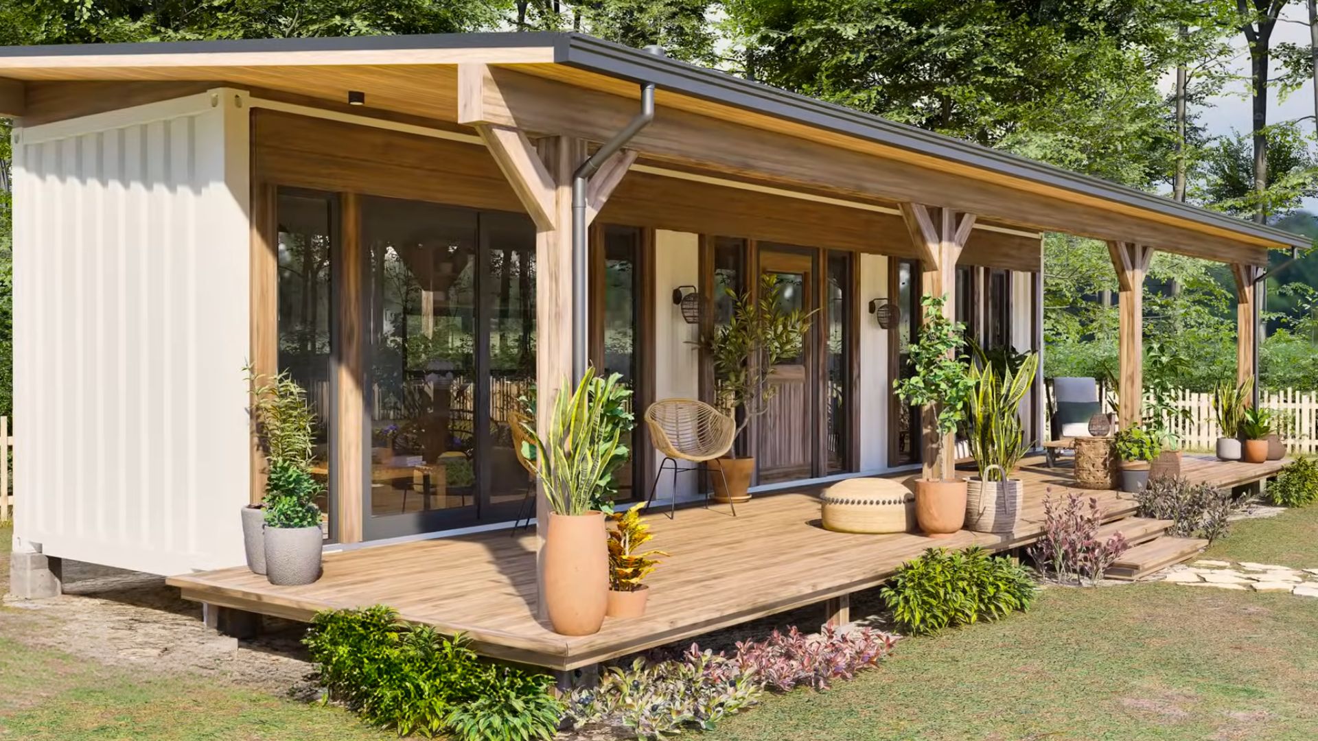 beautiful container house with plants and porch