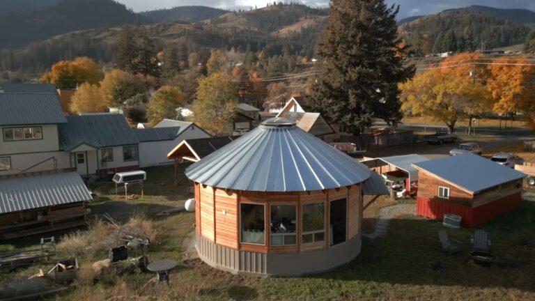 exterior of a yurt, brown cabin