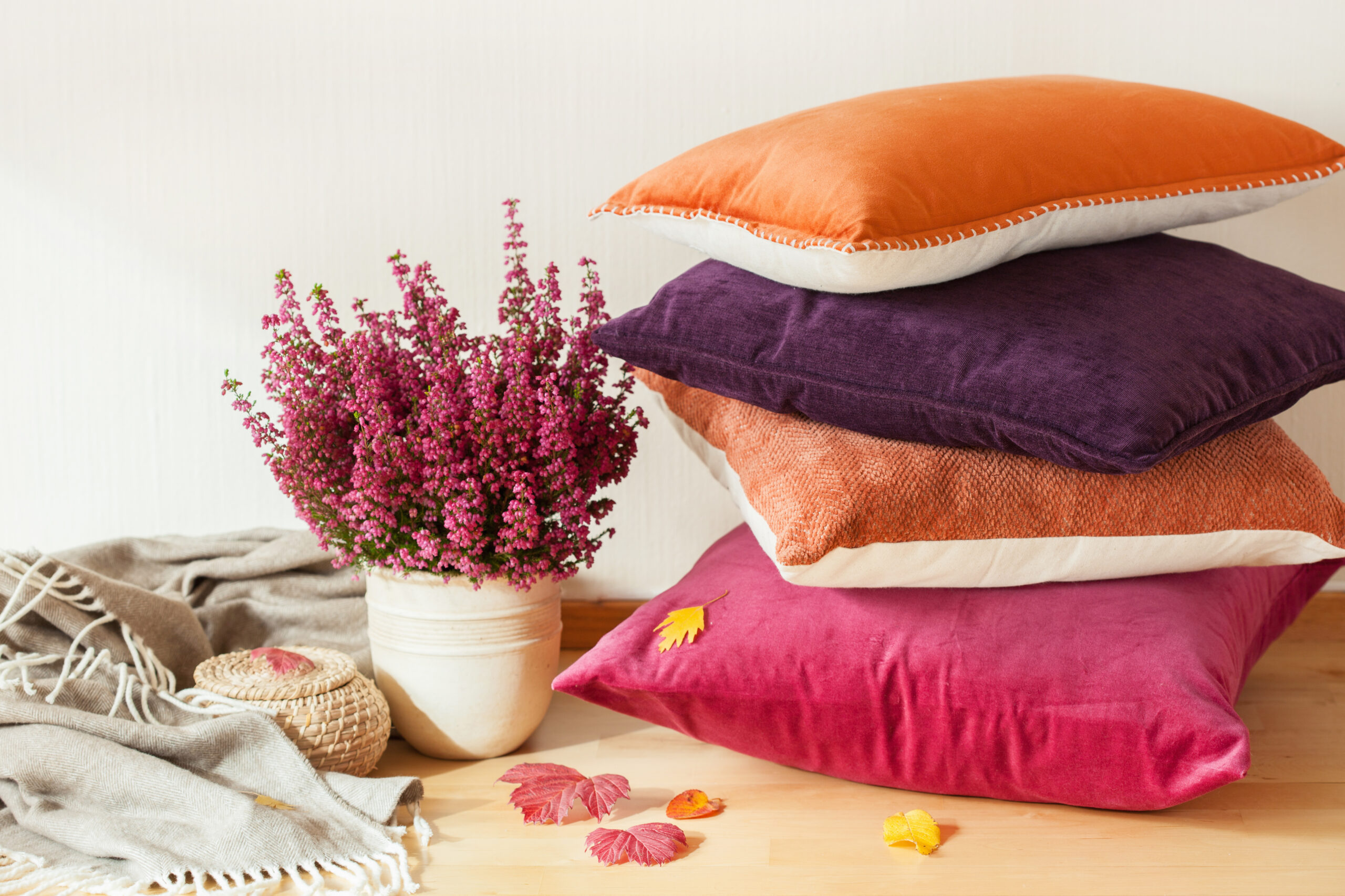 Colorful throw pillows with a plant