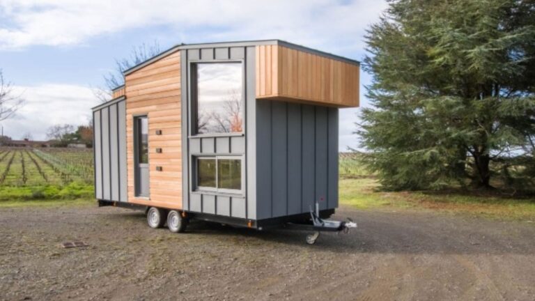exterior of a tiny home with brown and gray exterior