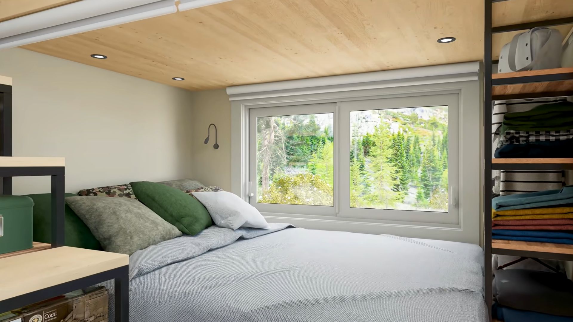 bed next to a window and a shelf