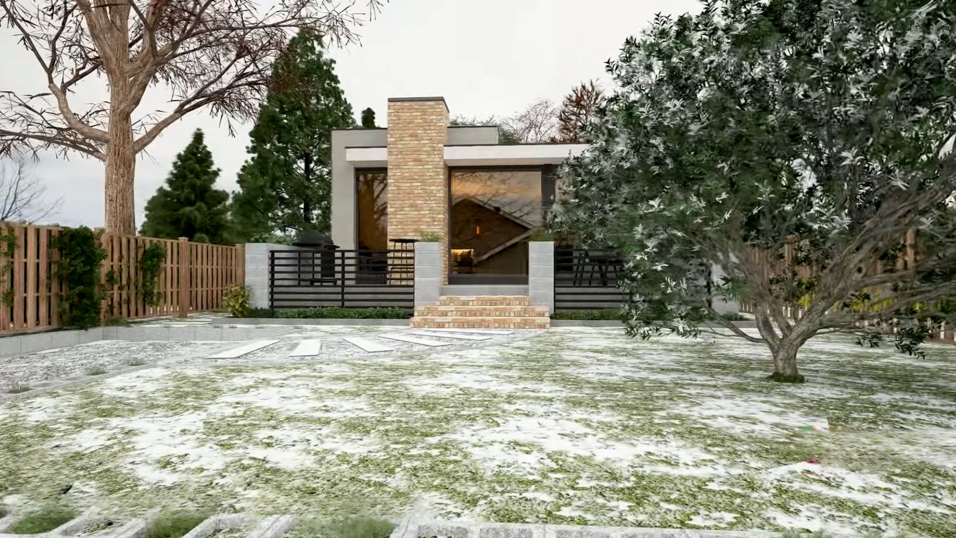 exterior of the three-bedroom container with modern facade and stone chimney details, porch on the front side of the house