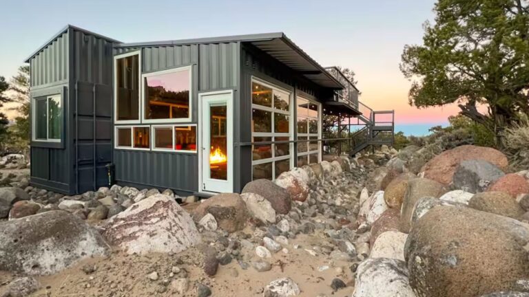 exterior of a modern container home in the mountains