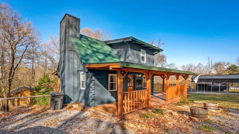 exterior of a cabin surrounded by trees