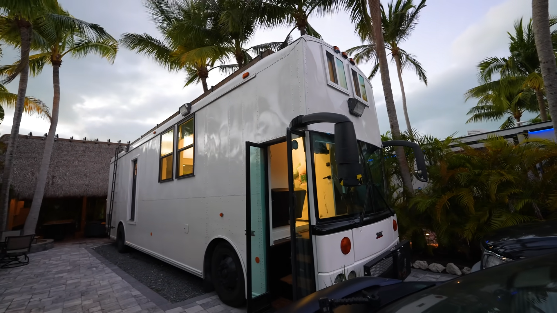 exterior of a bus which used to be a school bus but was transformed into a house