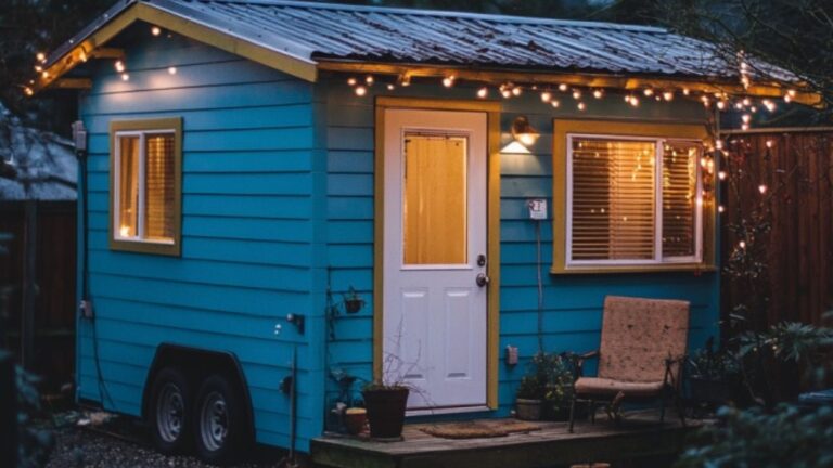 exterior of a tiny home with blue walls and fairy lights around it, has the colors of a van gogh painting