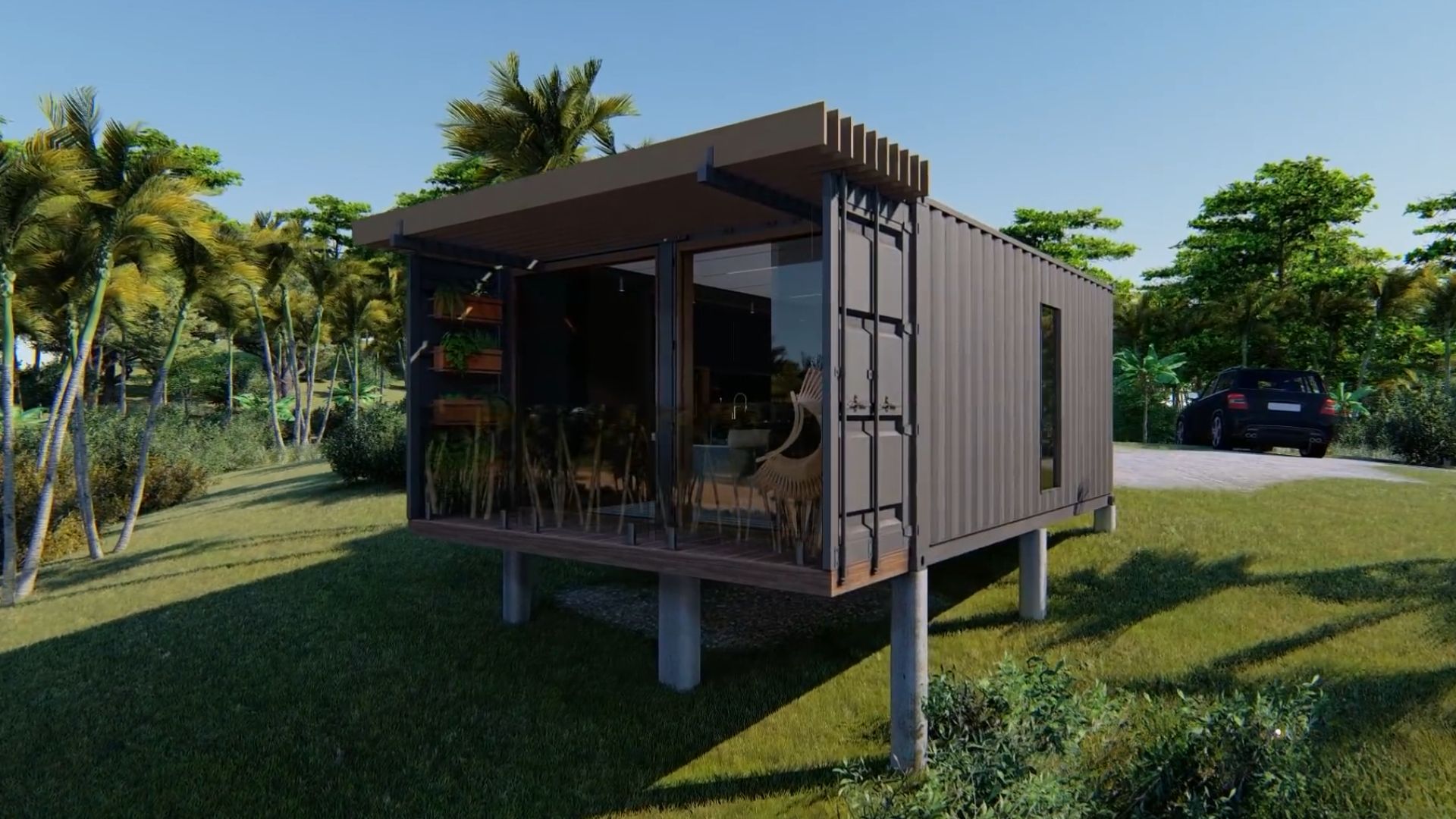 exterior of a container house with a balcony