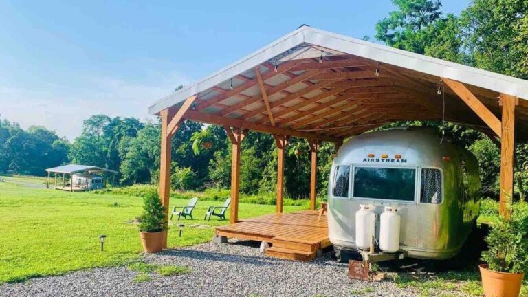 exterior of a tiny camper house in nature