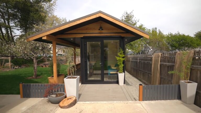 exterior of a shipping container with a porch