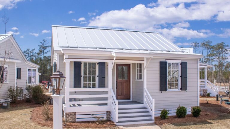 exterior of a tiny, white house