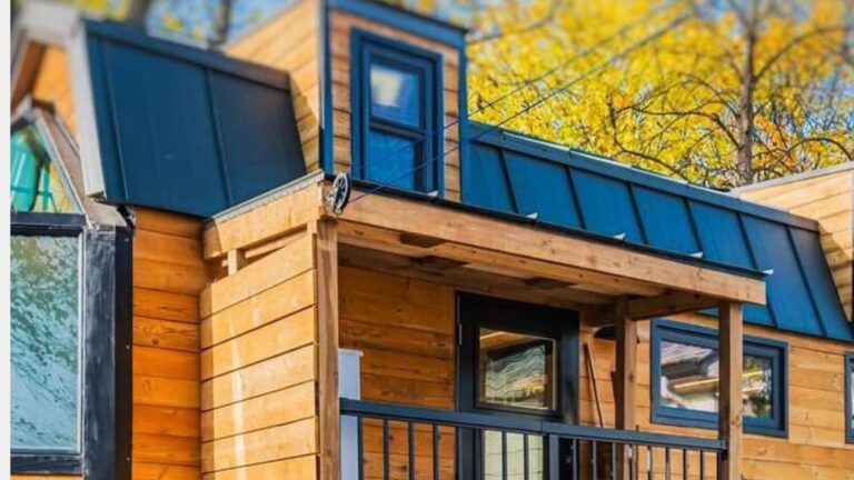exterior of a tiny home with brown walls
