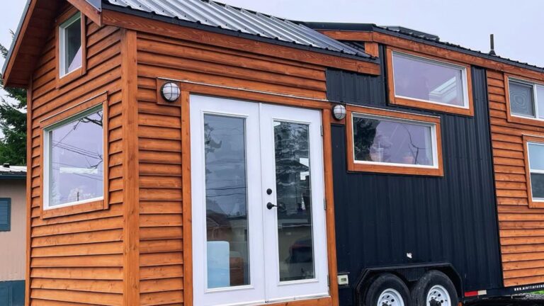 exterior of a thow with wood cladding and black accents