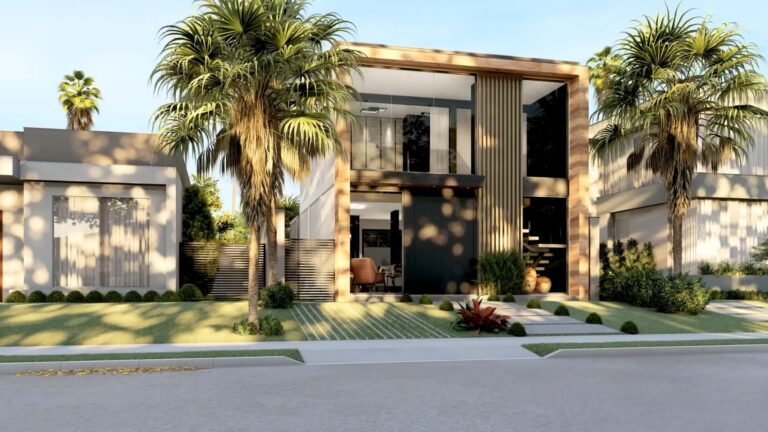 exterior of the two-story container house with flat roof, dented walls, glass walls up front, and lovely wooden panels in the middle of the house as decoration