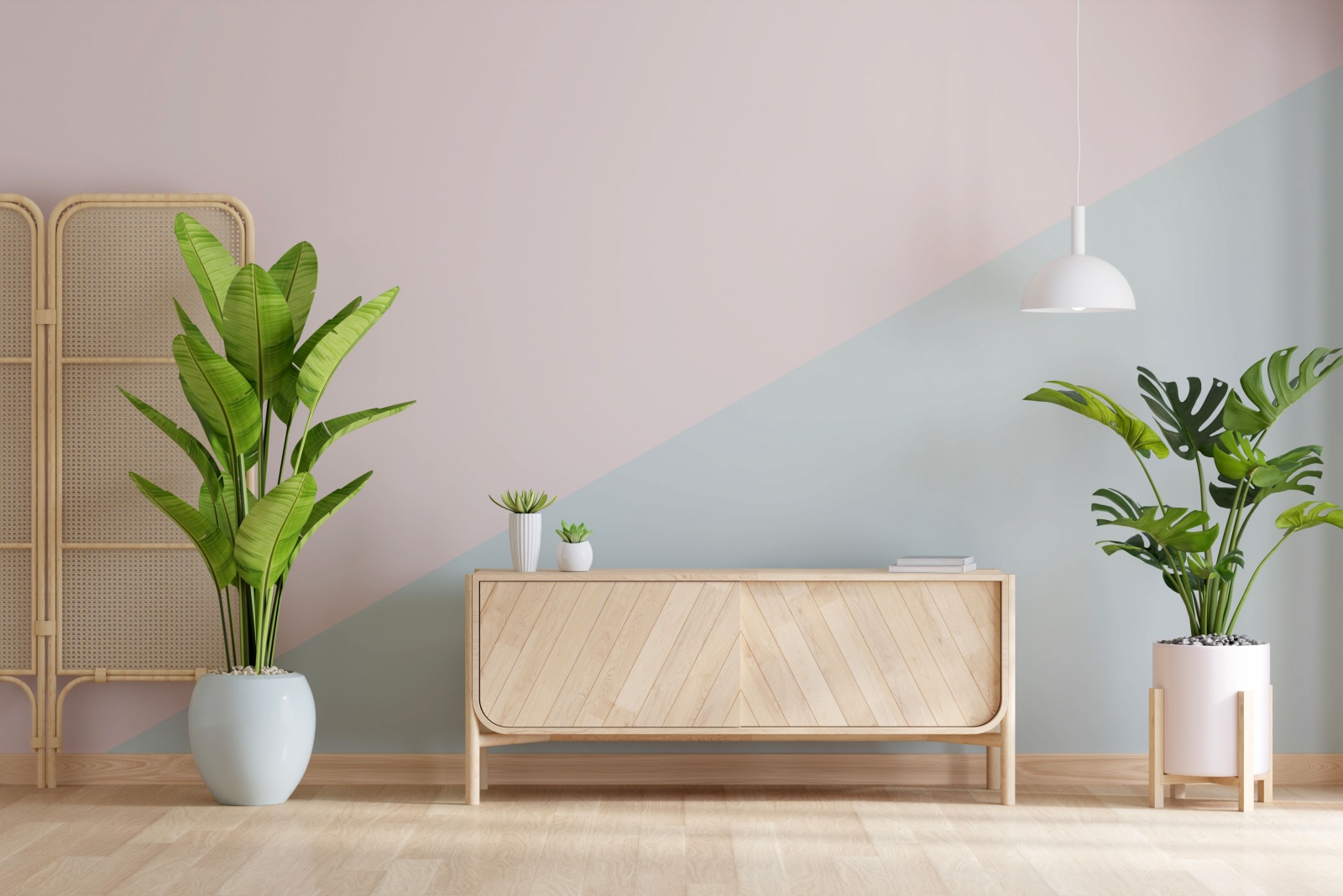 wooden cabinet with a low hanging lamp and two plants