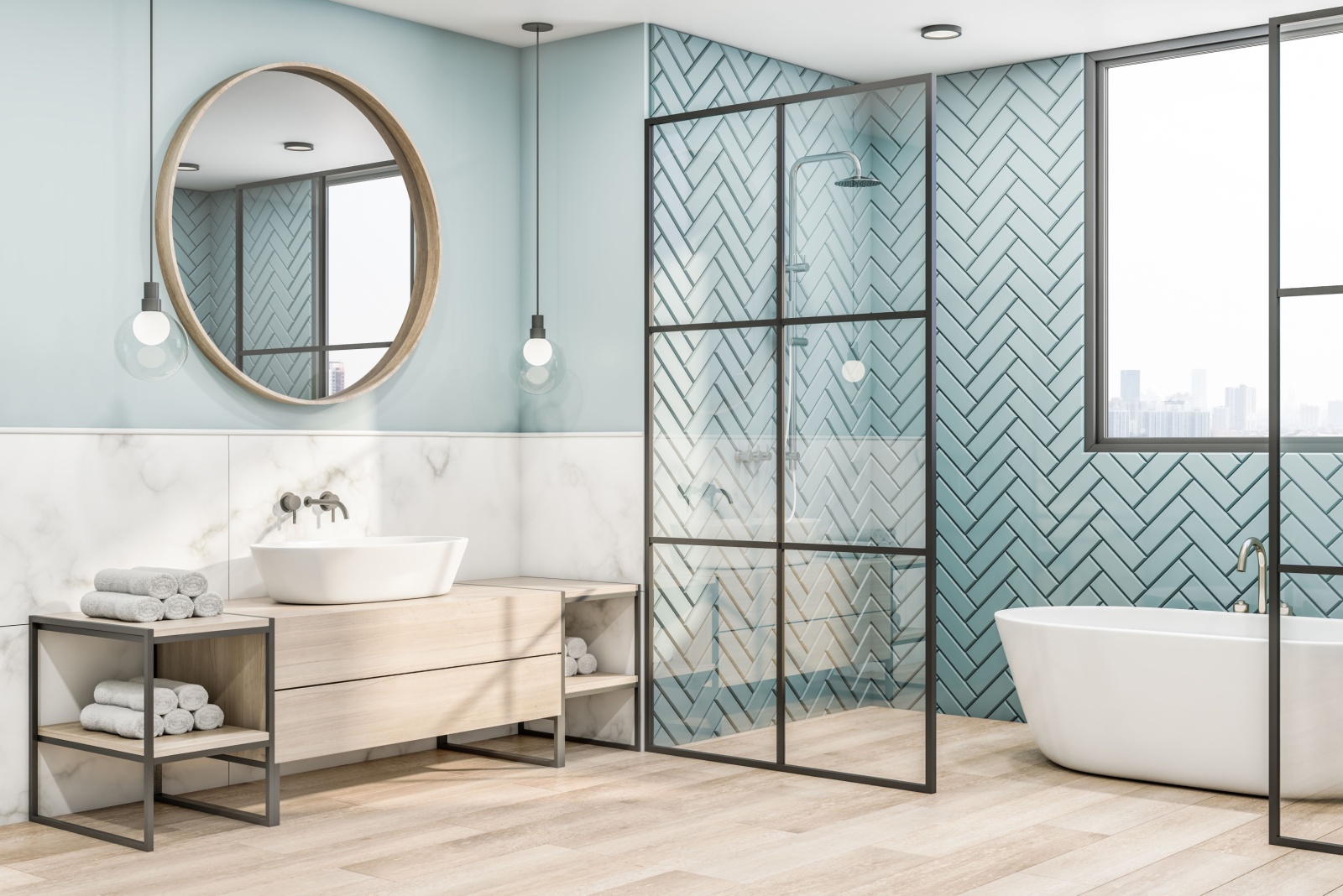 bathroom with blue tiles and a white bathtub